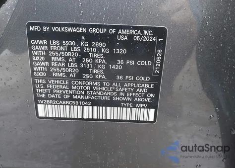 2024 Volkswagen Atlas 2.0T Sel z USA, uszkodzony, nr VIN 1V2BR2CA8RC591042